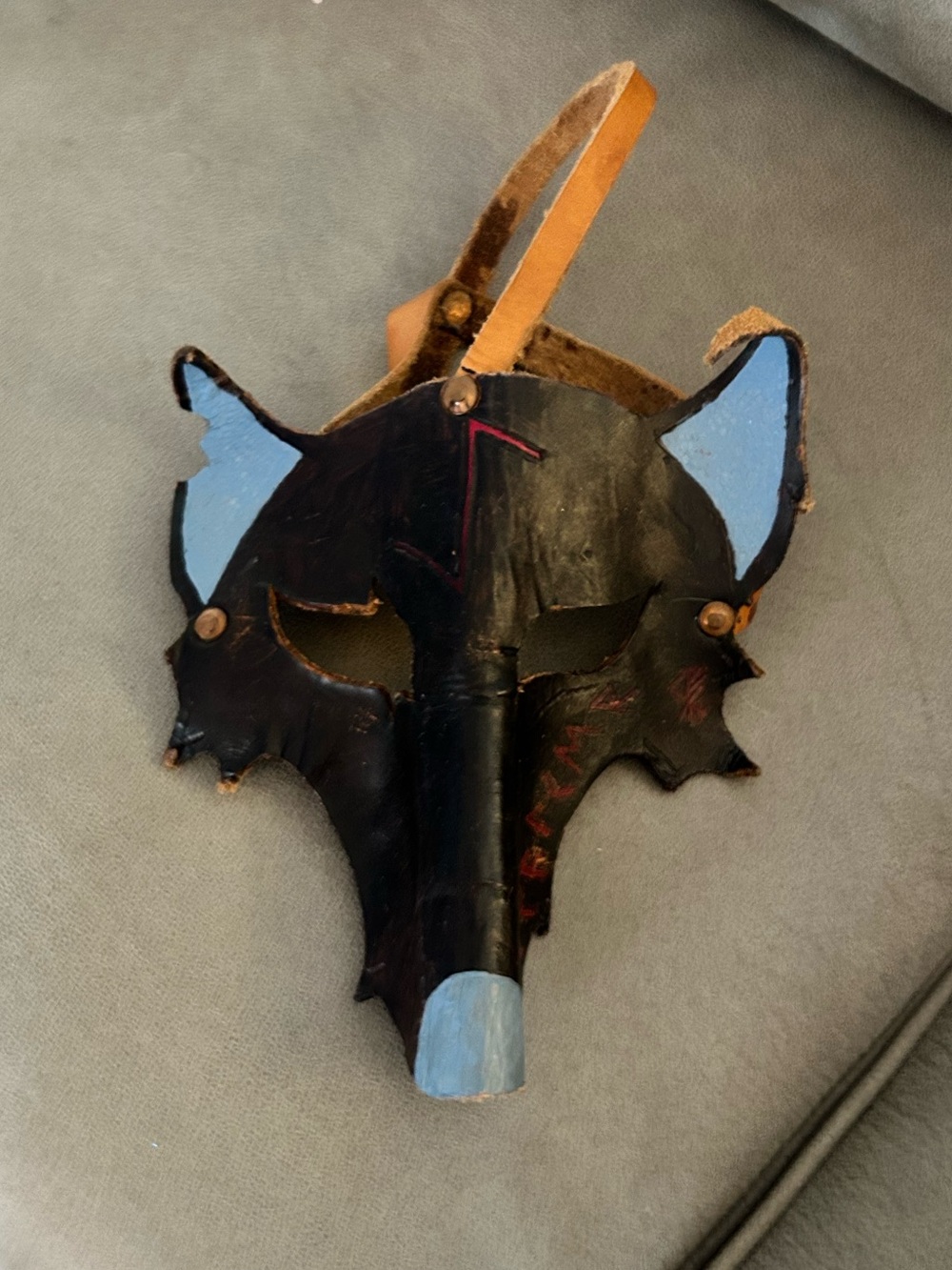 Vintage Folk Art handmade Leather Wolf Head Mask